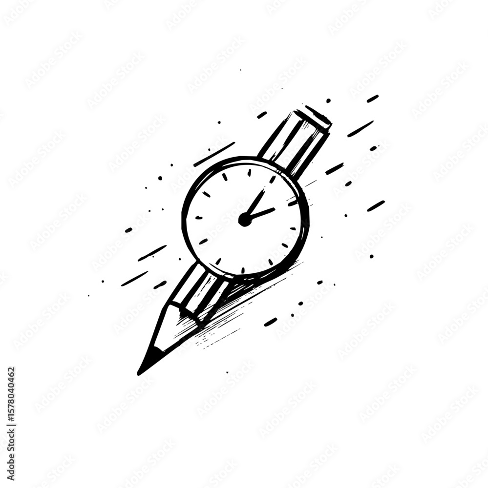 Poster a sketch of a clock face attached to a pencil with motion lines and scattered dots on a white backgr