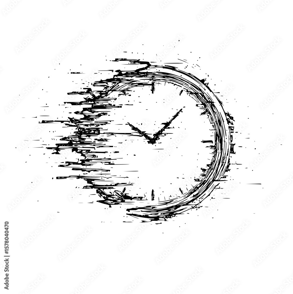 Aufkleber distorted clock face with visible hands and a dissolving effect on a white background design element
