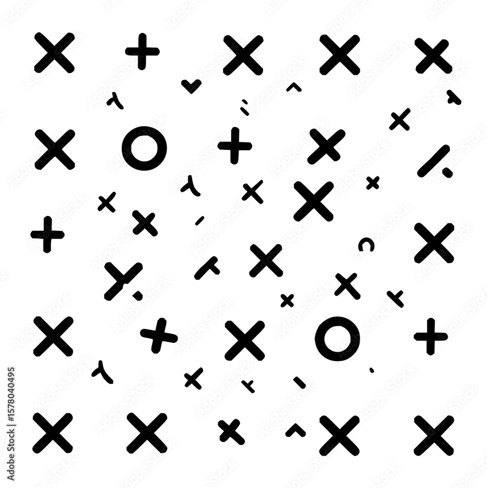 Poster a pattern of crosses plus signs circles and small abstract shapes scattered on a white background de