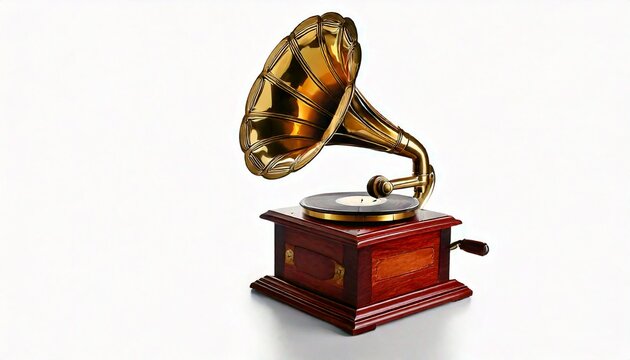 Antique brass and wooden gramaphone on white background,copy space 