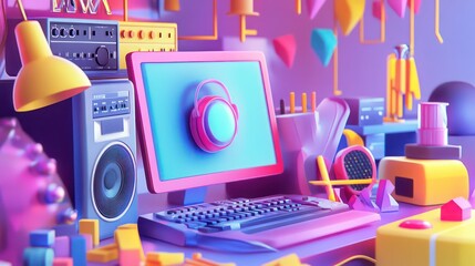 Vibrant music studio setup with computer headphones and speaker