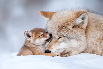 Two wolves cuddling in a snowy landscape.