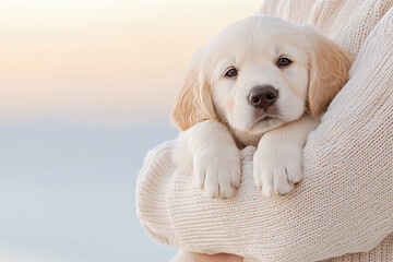 Adorable puppy being held in warm embrace against a soft backdrop.