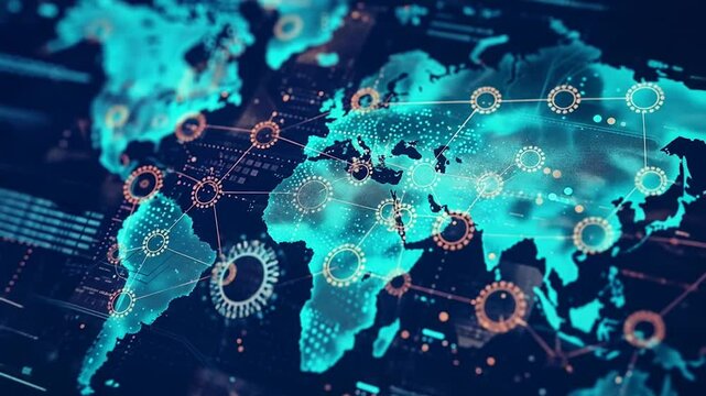 AI analyzing global disease patterns on world map. Pandemic prediction system with epidemiological data visualization. Disease outbreak prevention with global health monitoring in digital epidemiology