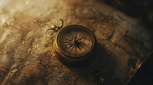 Antique compass rests on aged map, dimly lit