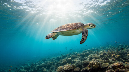 Obraz premium Majestic Sea Turtle Swimming Underwater Sunlit Ocean Coral Reef Ecosystem.