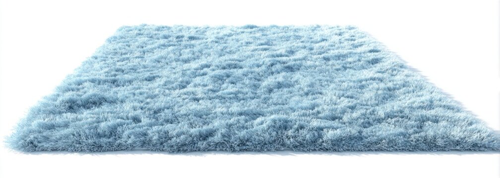 A light blue, fluffy rectangular rug isolated on a white background, exhibiting a soft, plush texture