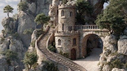 Naklejka premium Enchanted Stone Tower and Winding Staircase on a Cliffside