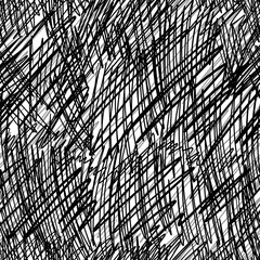 Seamless black and white abstract pattern with chaotic hand-drawn lines and scribbles. Energetic texture perfect for textiles, packaging, prints, and modern digital design.