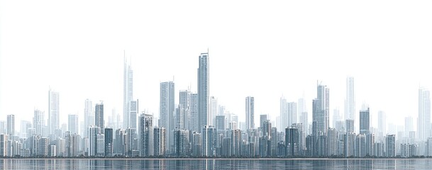 Fototapeta premium Panoramic view of a hazy, modern city skyline reflected in calm water