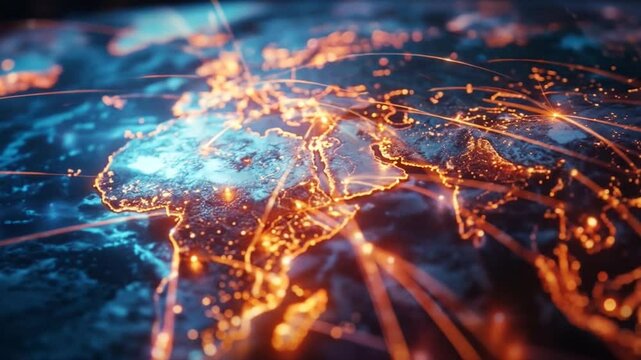 Global network visualization showing interconnected digital pathways and data flows across illuminated world map with glowing connections. African geopolitics - Powered by Adobe