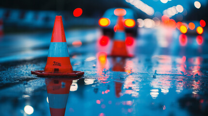 Illuminated traffic cones on a rain-slicked highway at twilight, reflecting the blurred lights of passing vehicles; concept for road safety, traffic management, and accident prevention campaigns
