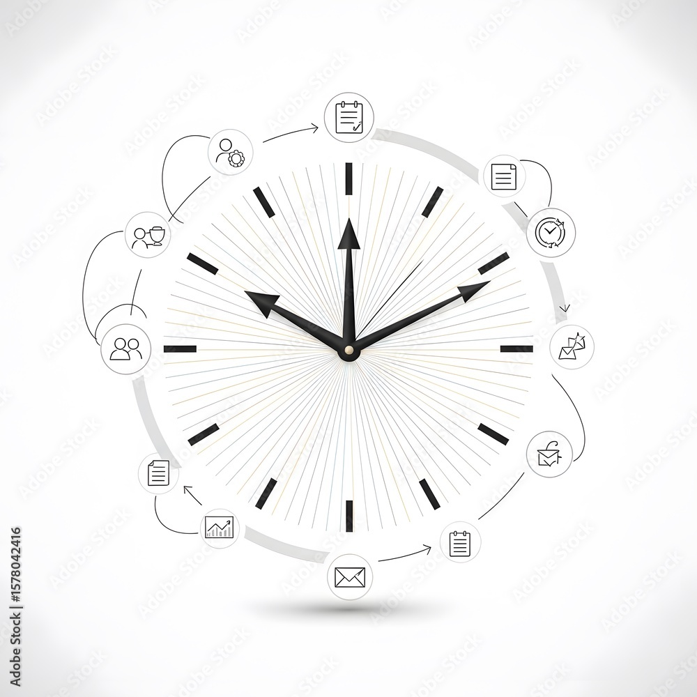 Poster abstract clock face with symbolic markings and radial lines on white background