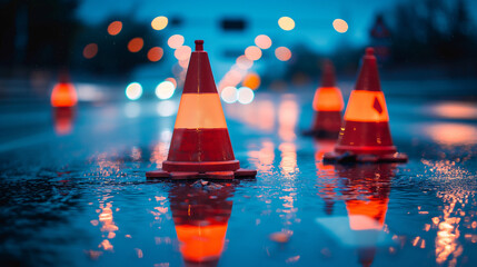 Illuminated traffic cones on a rain-slicked highway at twilight, reflecting the blurred lights of passing vehicles; concept for road safety, traffic management, and accident prevention campaigns