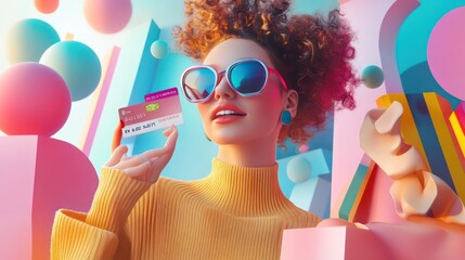 Woman holding credit card with abstract colorful background