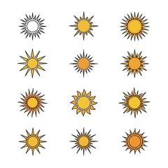 Shining sunburst icons present a collection of diverse sunshine designs, radiating warmth and light on a black background, perfect for summer themes and creative projects.