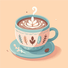 Cute coffee cup illustration with delicate latte art. Cozy hot drink vector for cafes & blogs.