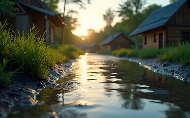 Obraz premium A tranquil stream reflects the soft glow of the sunset as it meanders through a peaceful village of wooden houses surrounded by lush green foliage.