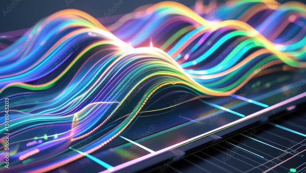Poster vibrant colorful digital wave lines flowing across a dark background representing technology, data s