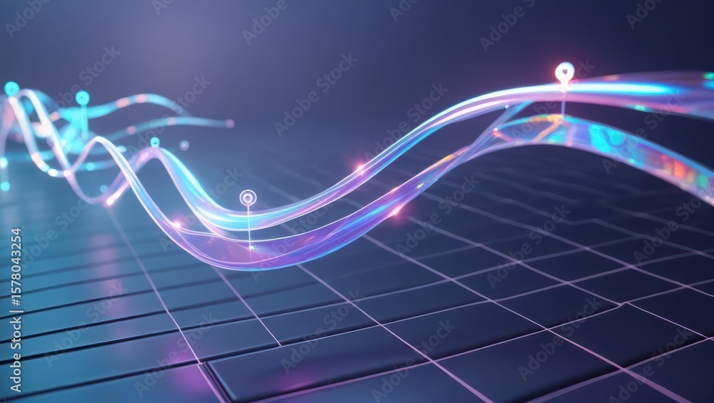 Poster futuristic digital wave pattern with glowing lines and grid surface representing technology innovati