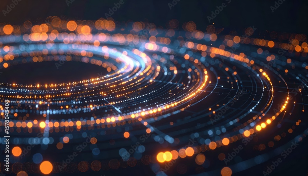 Poster Abstract futuristic glowing light trails swirling in a circular pattern with vibrant bokeh effects creating a dynamic sense of motion and energy in a cyber environment