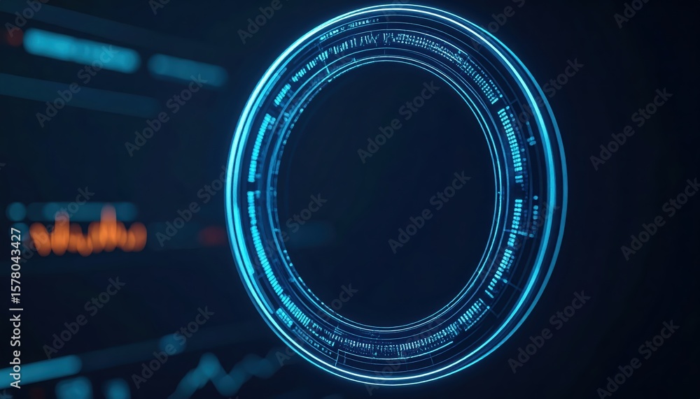 Poster futuristic blue digital interface hologram or screen with circular hud elements and data visualizati
