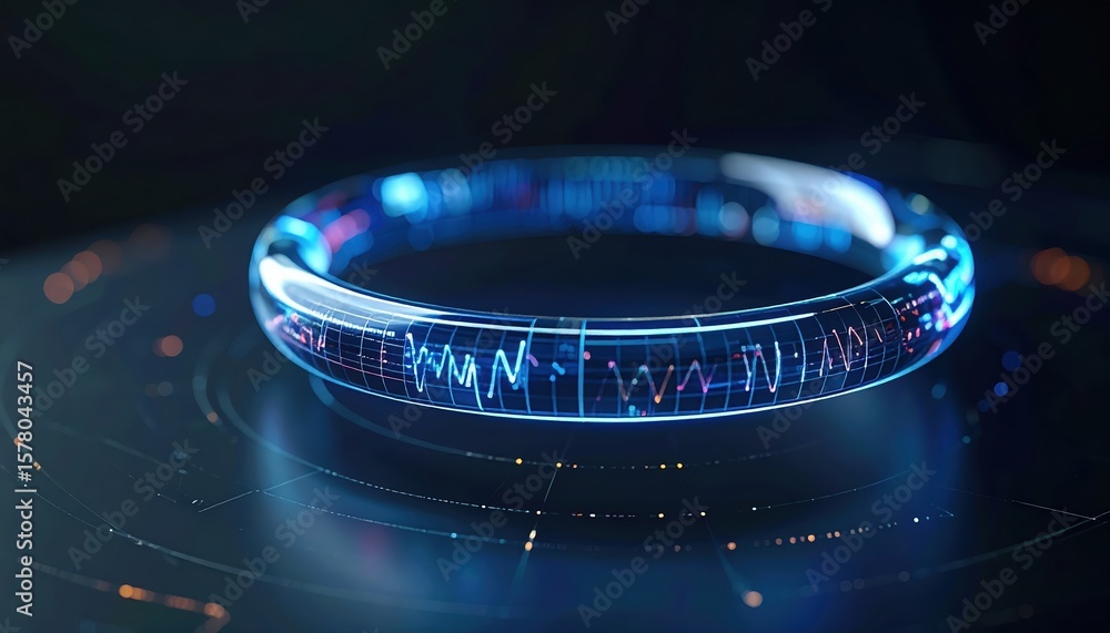 Aufkleber futuristic glowing bracelet with digital holographic display and vibrant animated wave patterns on a