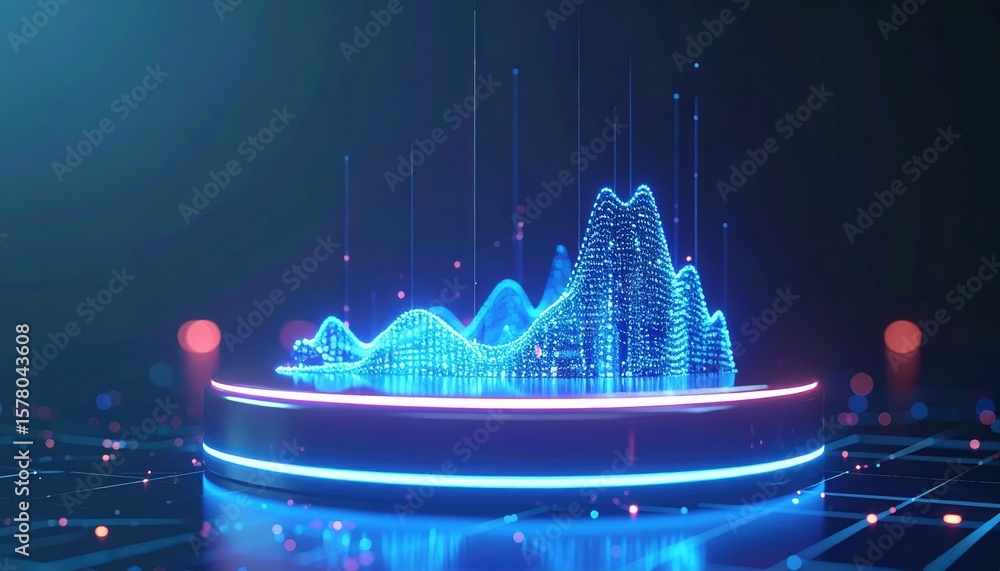 Poster futuristic digital landscape with neon glowing holographic mountain range and data points on a dark 