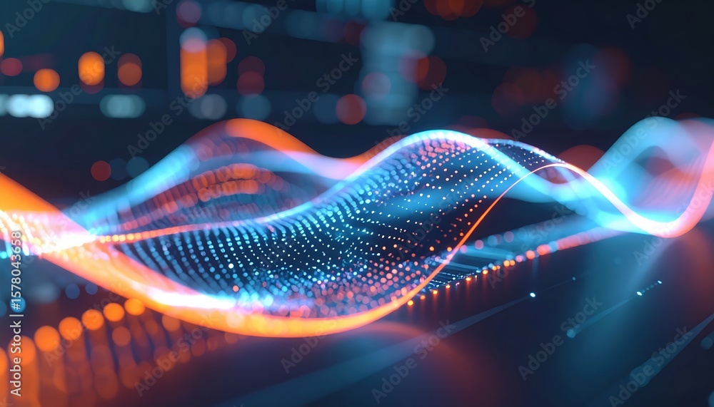 Poster abstract digital wave design with vibrant flowing lines glowing with neon colors and dynamic motion 