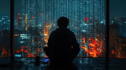 Silhouette of person meditating in front of a city view, with digital code overlaying the cityscape