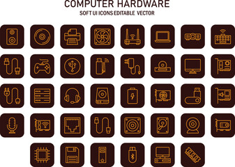 Set of minimalist computer hardware icons in rounded square shapes showcasing modern technology elements and essential