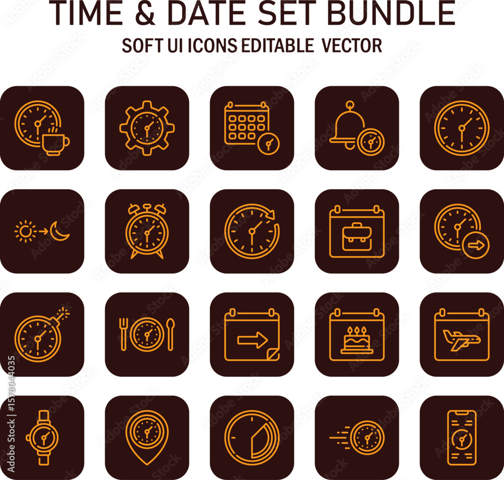 Poster elegant time and date icon collection for user interfaces offering diverse symbols and representatio