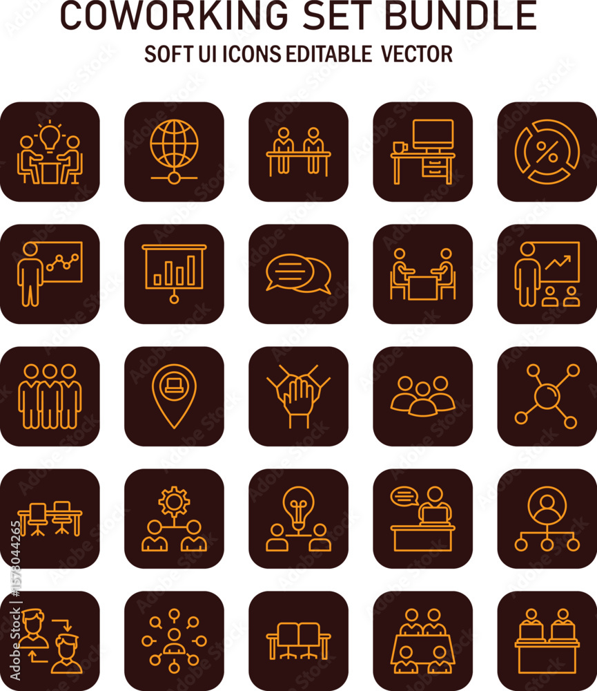 Poster collection of visually appealing coworker collaboration and office setup vector icons showing workpl