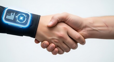 Business handshake with digital technology integration displaying data, signifying agreement and innovation, highlighting a future-oriented partnership. 