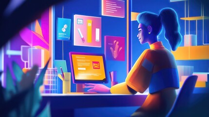 Woman working on a computer in a brightly lit modern office