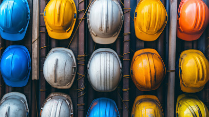 Multicolored Safety Construction Worker Hats. Teamwork of the construction team must have quality. Whether it is engineering, construction workers. Have a helmet to wear at work. For safety at work 
