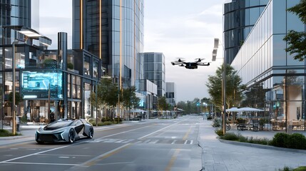 Fototapeta premium Futuristic city scene with autonomous vehicle, drone delivery, and AI-driven public signage. No people shown. Realistic and high-tech setting.