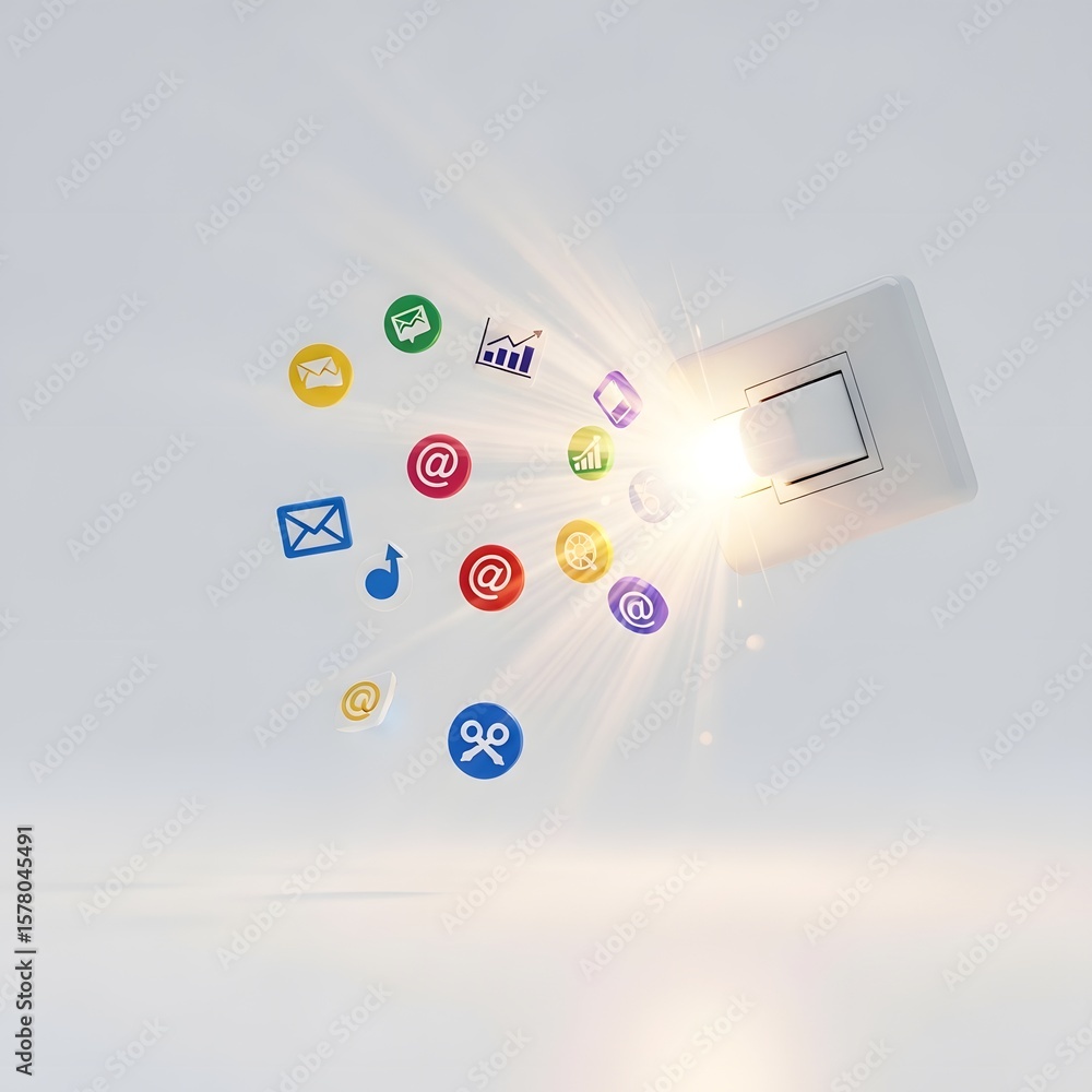 Poster abstract digital icon bursting from a glowing rectangular shape with light effect on white backgroun