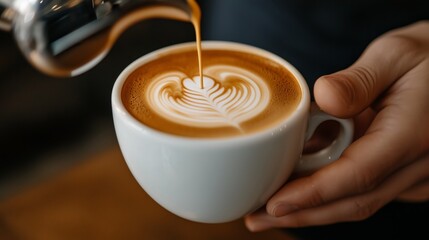 Barista artfully pouring latte with intricate design in cozy café setting during morning hours