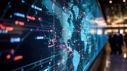 Global data visualization displayed on a large screen.