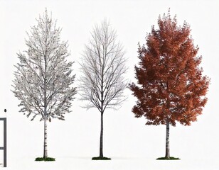 Set of Prunus persica and Prunus avium blossoming frontal street trees 