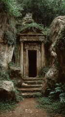 Fototapeta premium Ancient stone tomb entrance in lush forest setting
