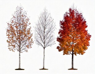 Set of Prunus persica and Prunus avium blossoming frontal street trees 