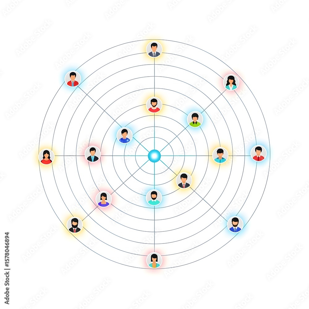 Poster abstract digital network representation of people connected in a circle on white background