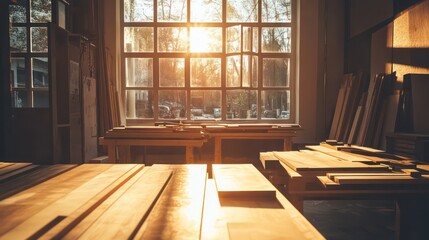 Workshop bathed in sunlight with stacks of lumber