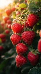 Ripe strawberries hanging on a vine in a sunlit field during summer harvest season