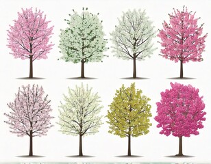 Obraz premium Set of Prunus persica and Prunus avium blossoming frontal street trees isolated 