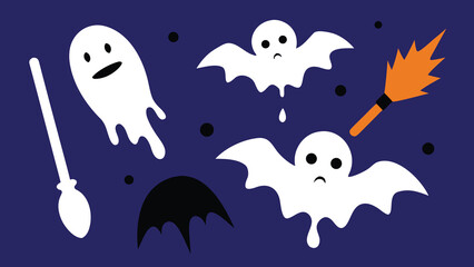 Obraz premium Adorable cartoon ghosts and a witch's broom against a deep blue background for celebrations.