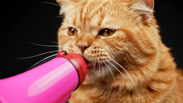 Orange tabby cat shouting into a pink megaphone against a black background view