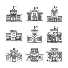 Fototapeta premium set of police stations with flags in outline style for urban themes